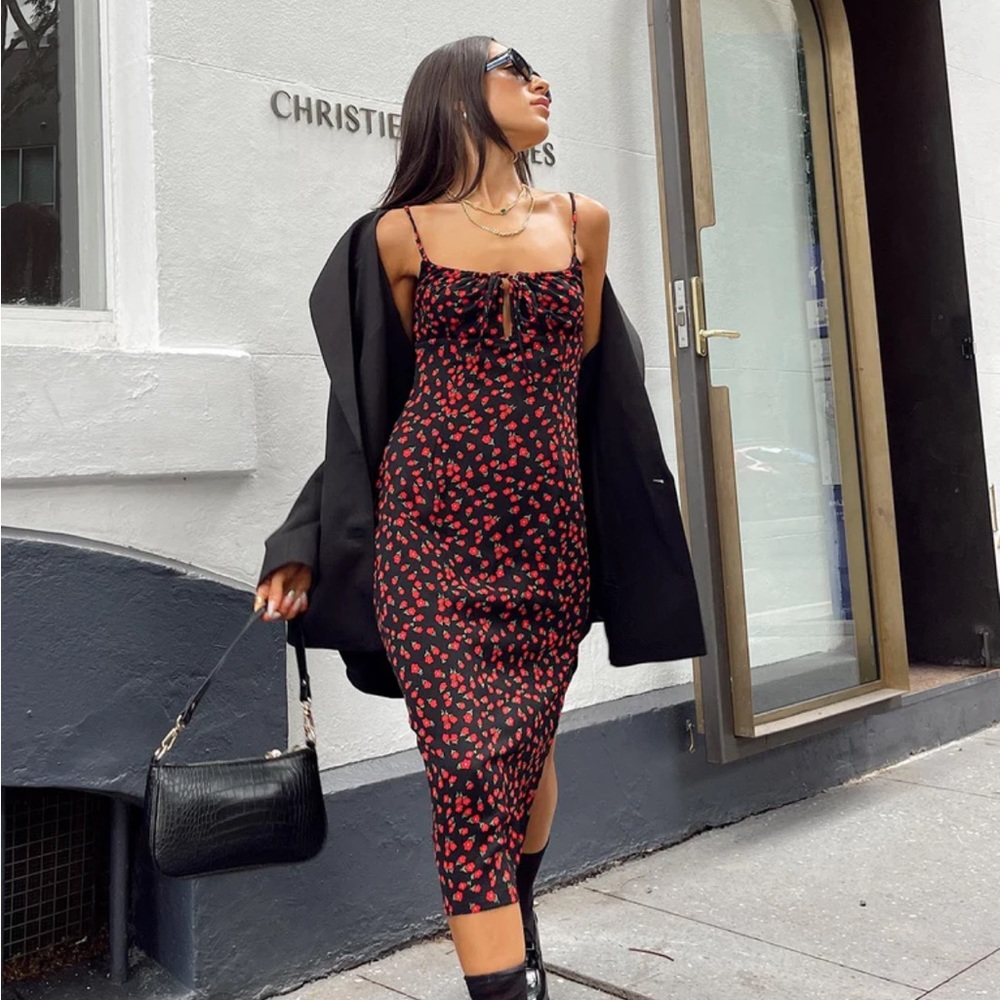 Princess Polly Black Midi Dress with Red Floral Print